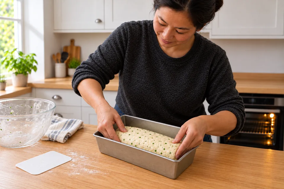 The cook settles one short dough log into a lightly oiled loaf tin.