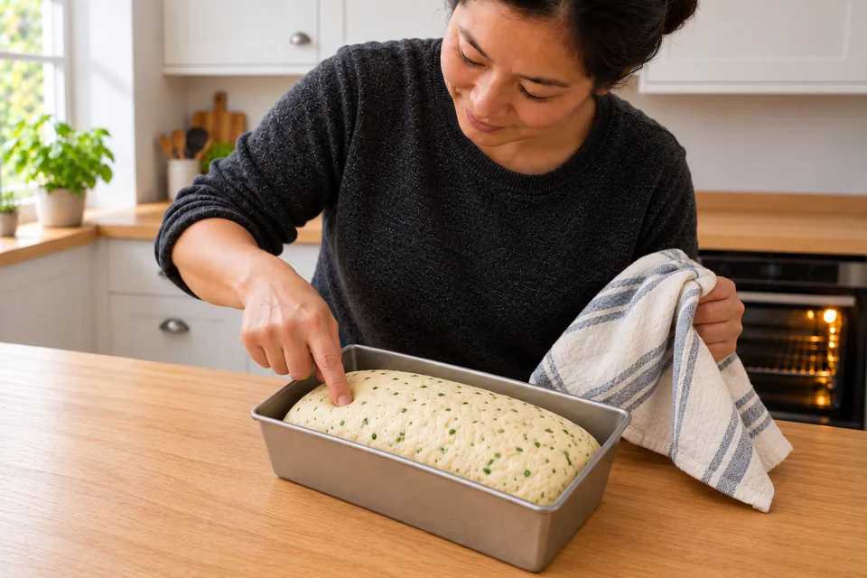 A fingertip gently checks the puffy dough in the loaf tin.