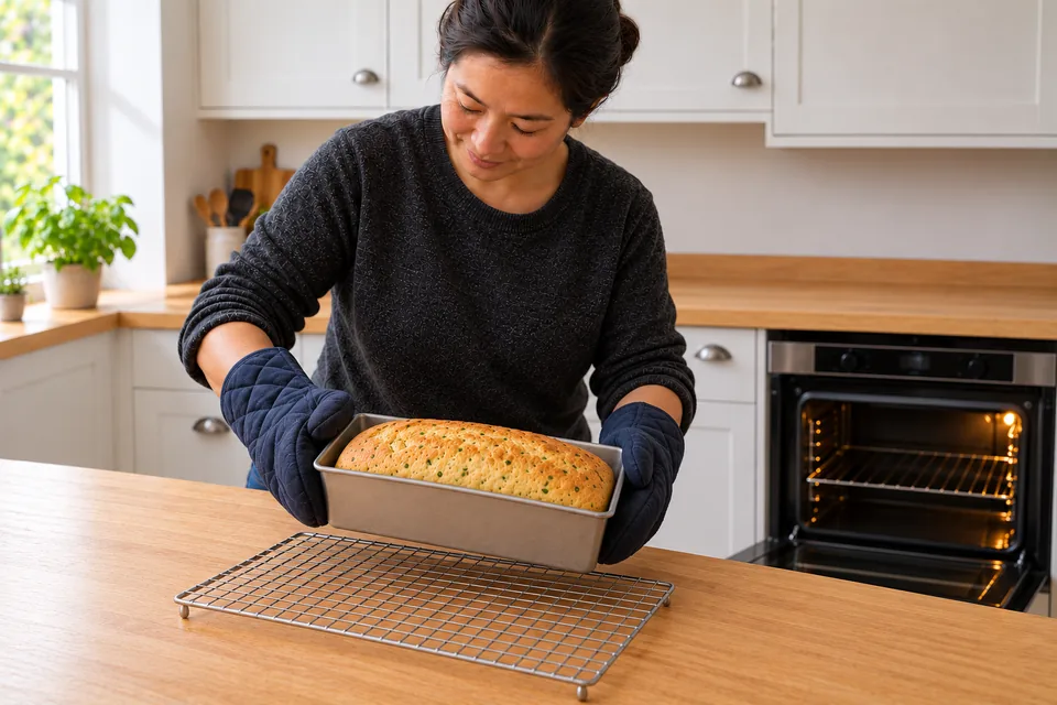 The cook supports the hot tin with oven gloves after baking.