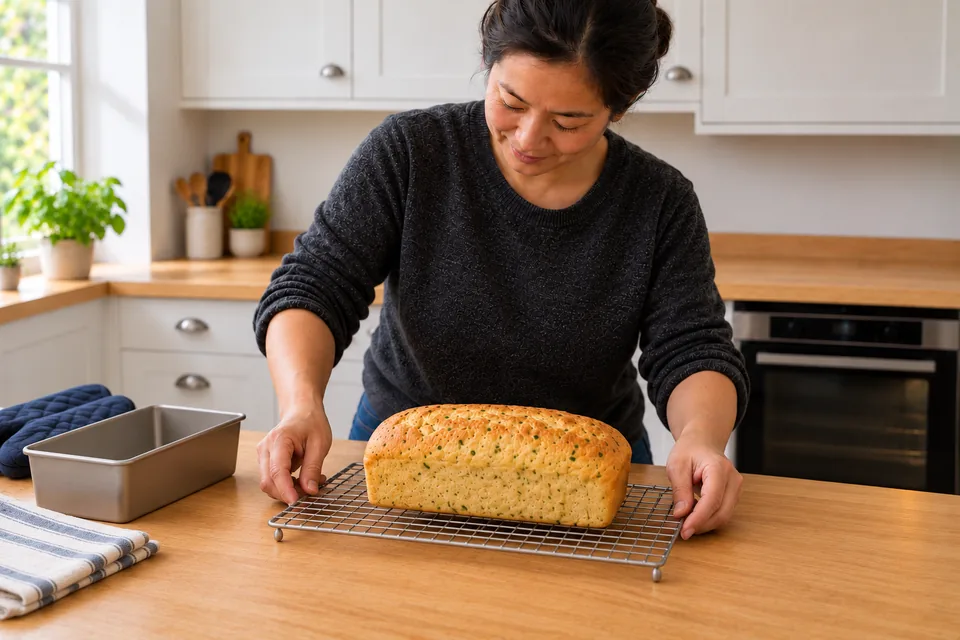 One whole ricotta and chive loaf rests on a raised cooling rack.