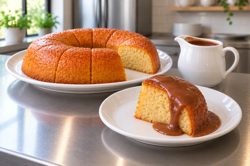 A moist savarin slice with chocolate custard beside the remaining ring cake.