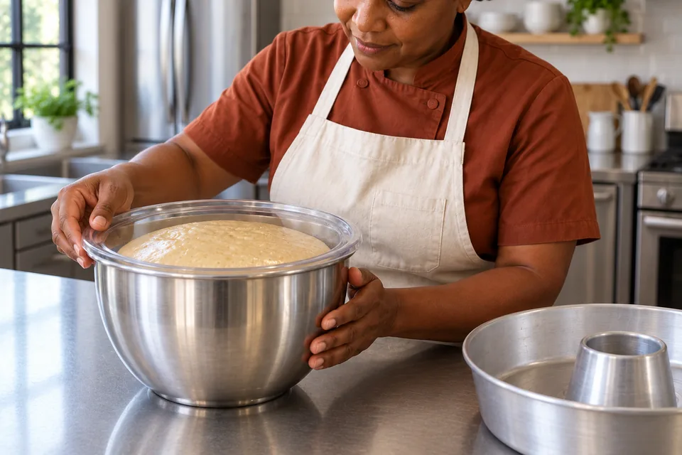 Aerated savarin mixture in a covered mixer bowl.