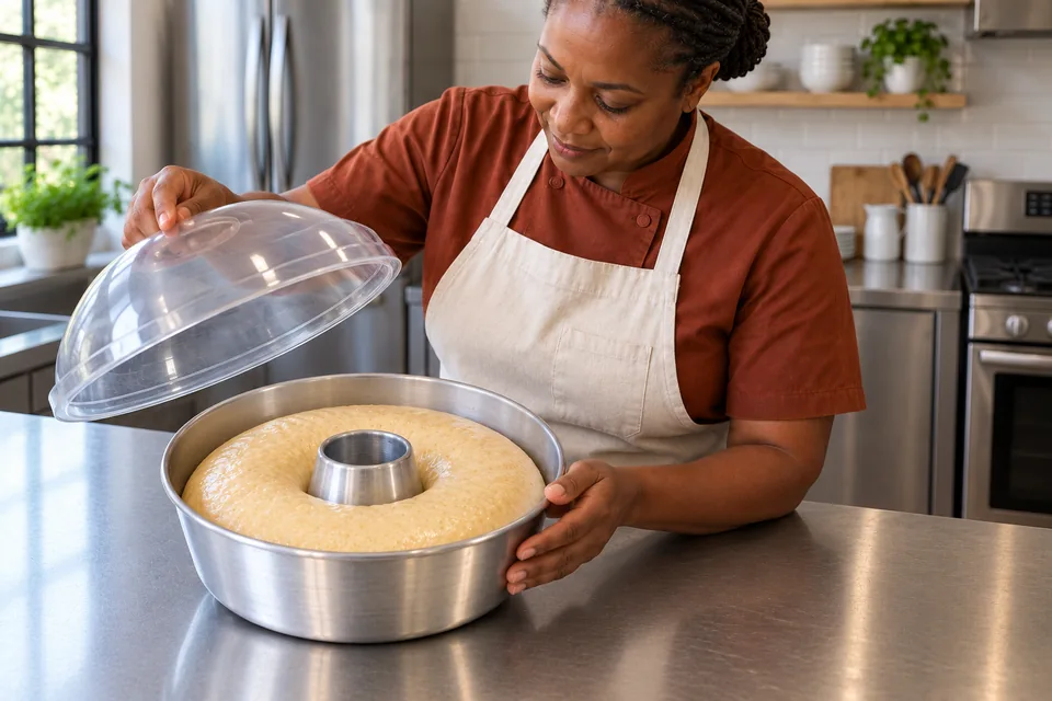 Pale risen savarin dough around the centre tube below the mould rim.
