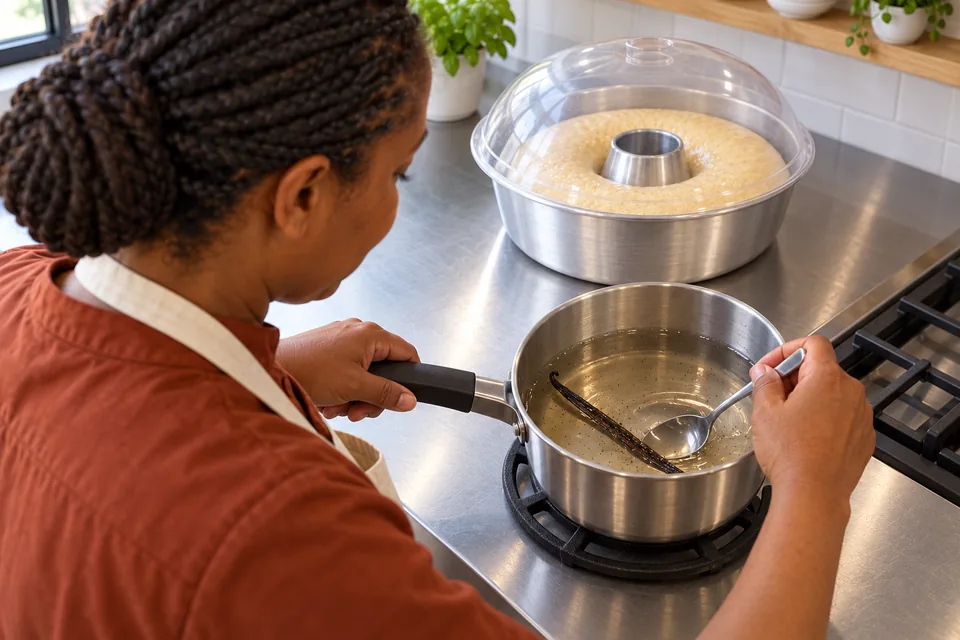 A spoon stirring clear vanilla syrup with a split vanilla pod in a saucepan.