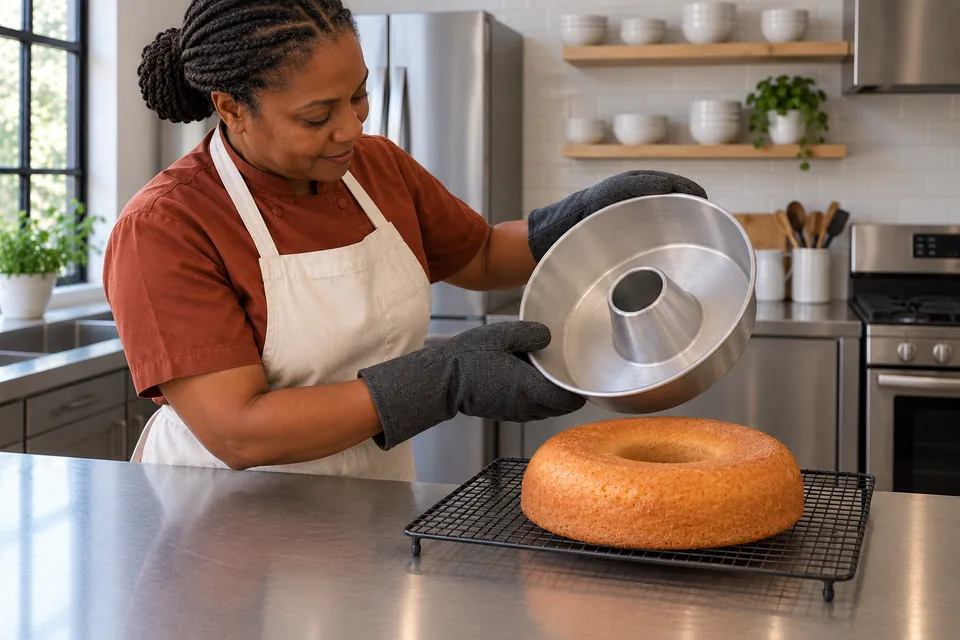 A golden savarin ring on a rack beside its empty smooth mould.