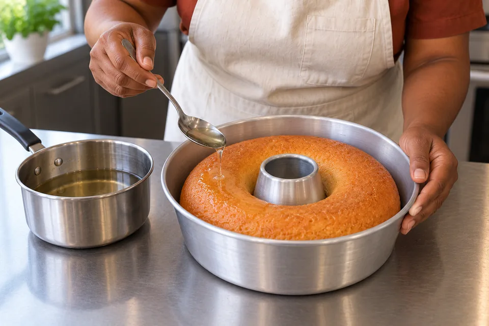 A spoon adding clear syrup to the golden savarin in its ring mould.