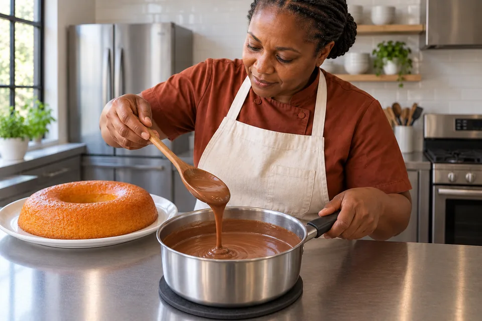 Smooth chocolate custard in a saucepan, with the plain savarin ring separate behind it.