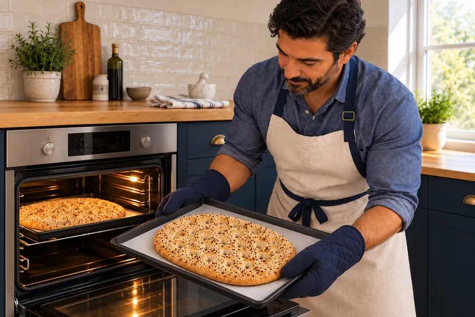 ExactlyTWO bakedgoldenseededDIMPLEDovals;firsttrayheldwithtwonavymitts atLEFToven, secondbakedoval onsecondtray visibleinsideoven onothermiddlelevel. Noextra bread.