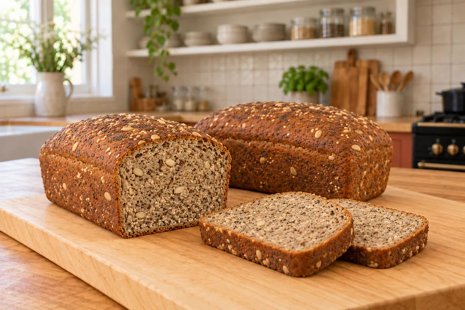 One whole small rye loaf and two thin slices beside a shortened loaf show a dense crumb filled with seeds.