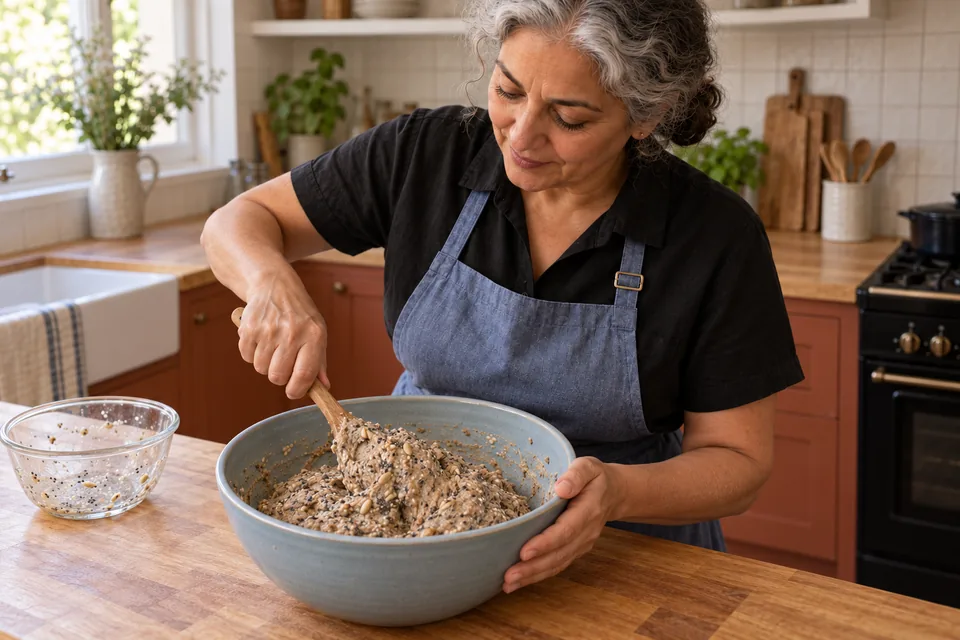 A wooden spoon turns sticky brown rye dough containing sunflower, sesame, poppy and caraway seeds.