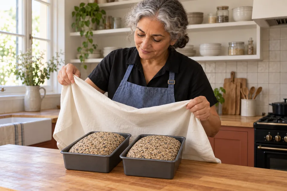 The cook uncovers two small tins of risen seeded rye dough.