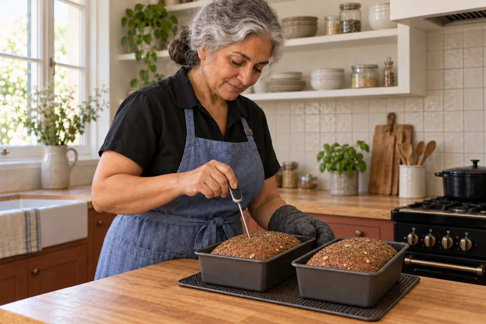 Beside two baked seeded rye loaves, the cook inserts a probe into one loaf.