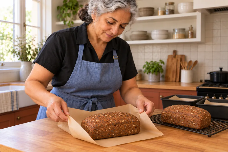 Two whole seeded rye loaves are cool, and the cook begins wrapping one in clean paper.