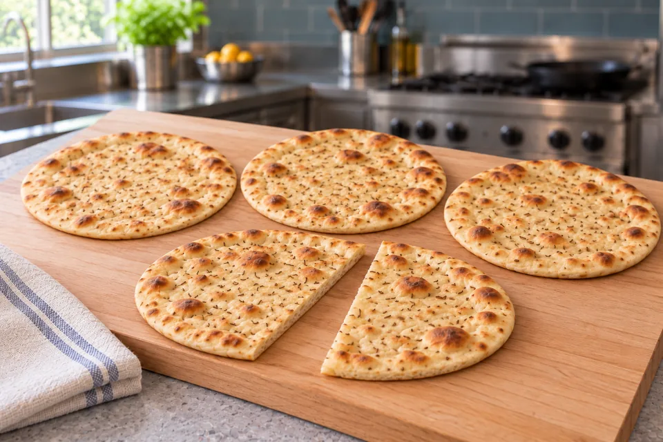 Three whole naan and two halves of one bread show brown pan patches and a thin, set crumb.