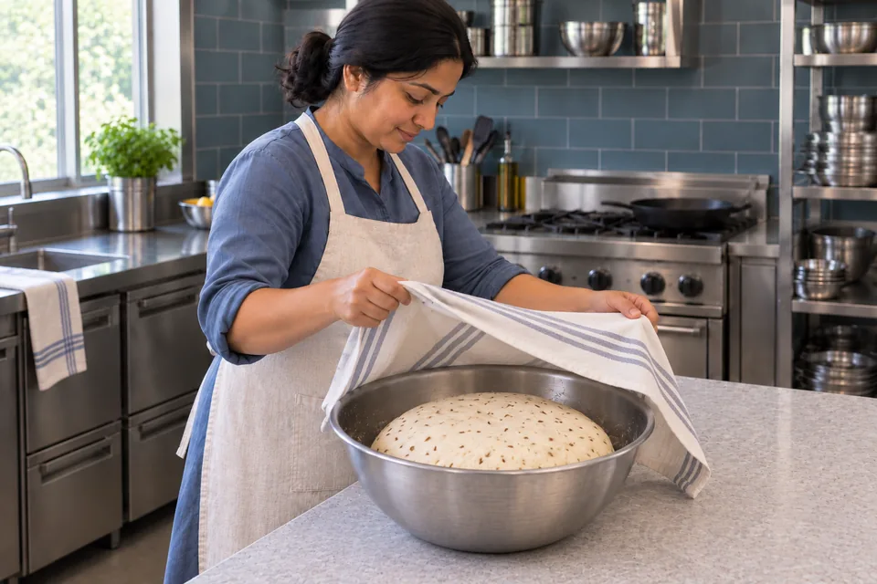 The cook uncovers a risen mound of seed-speckled naan dough.