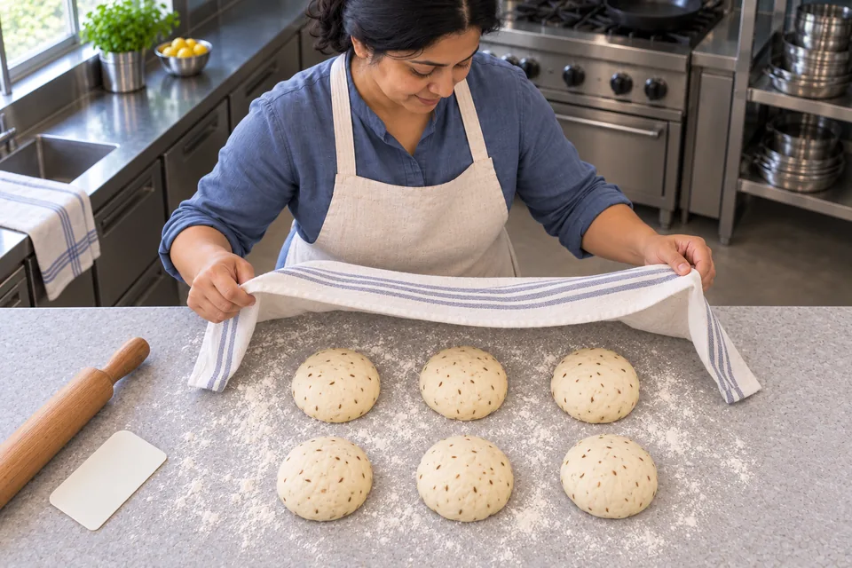 Six equal balls of naan dough rest separately on the lightly dusted worktop.