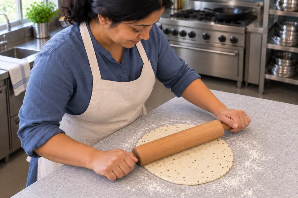 A wooden rolling pin flattens one seed-speckled portion into a broad, thin round.