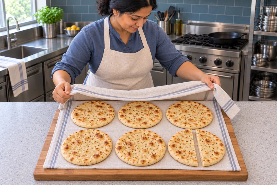 Five whole naan and the two halves of the first checked bread rest on a clean cloth.