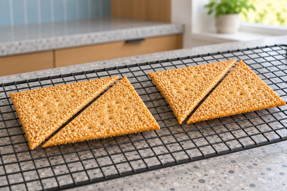 Four thin golden sesame-coated right triangles arranged in two pairs on a cooling rack.