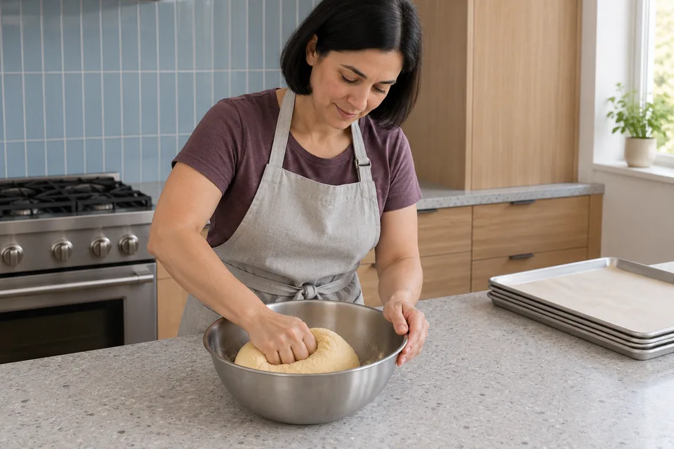 Baker kneads a firm pale semolina dough in a steel bowl beside three nested trays.
