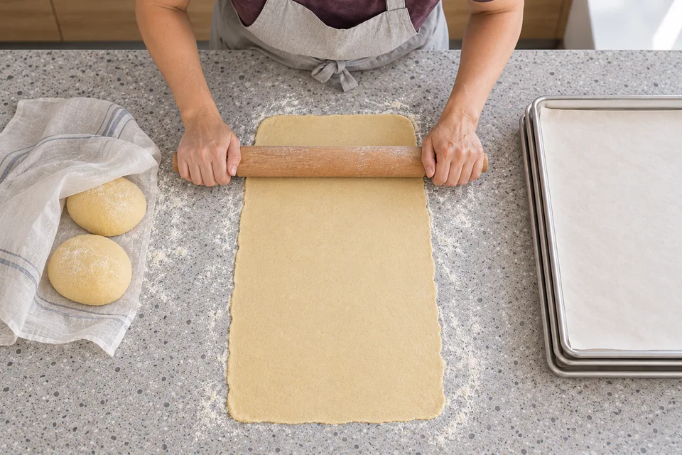 Baker rolls one thin rectangular sheet while two covered dough portions wait beside three trays.