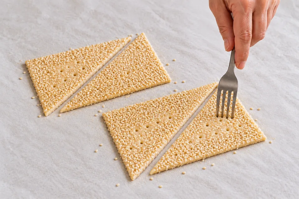 A fork pierces a thin raw sesame-coated right triangle beside three matching triangles on parchment.