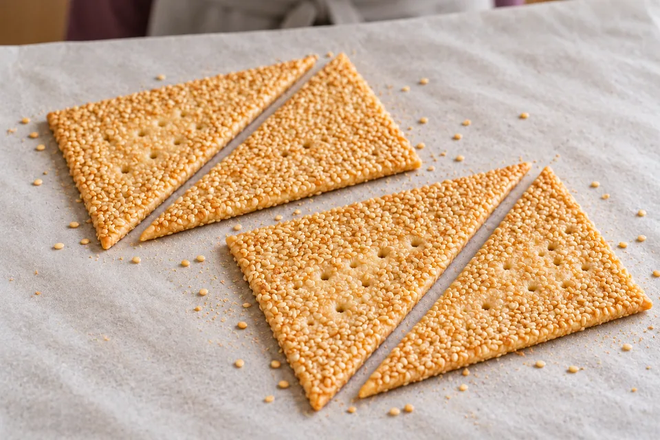Four thin right-triangle crackers and their sesame seeds are golden on parchment.