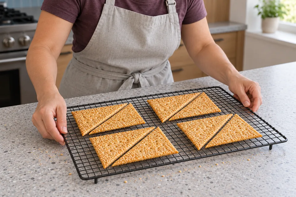 Eight thin golden sesame-coated right triangles cool in four pairs on a wire rack.