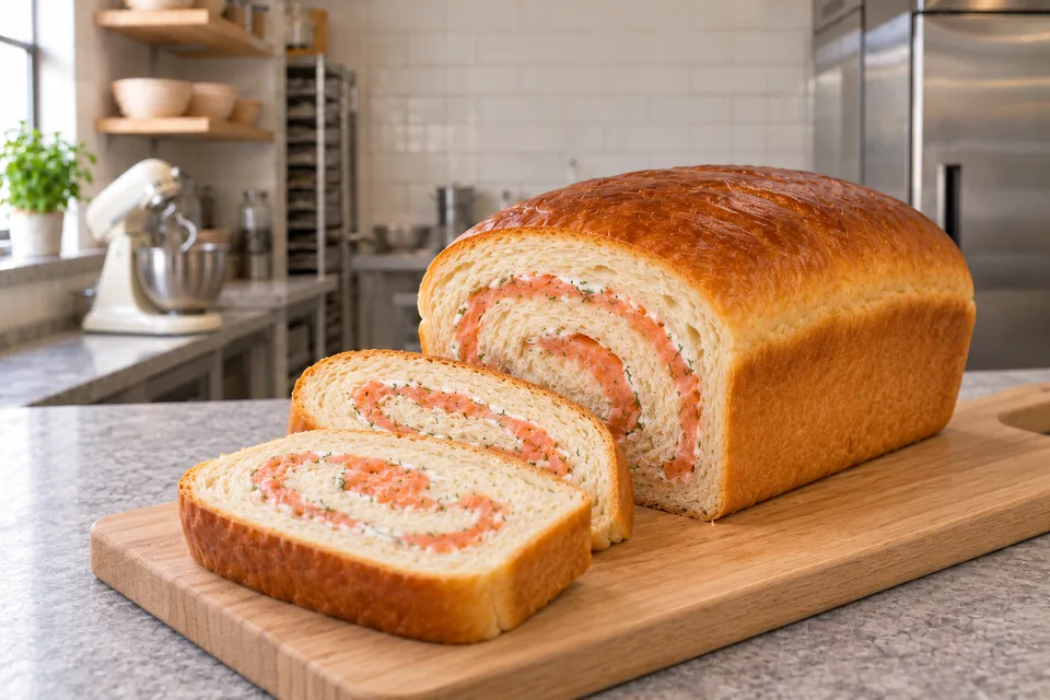 One golden brioche loaf with two slices revealing salmon and dill in a rolled spiral.