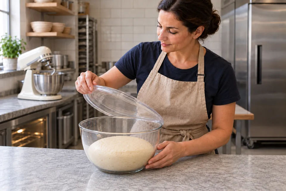 Cook lifts a cover from risen milk-rich dough in a clear bowl.