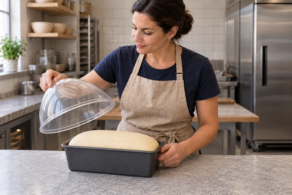 Cook lifts the cover above one risen filled loaf in its tin.