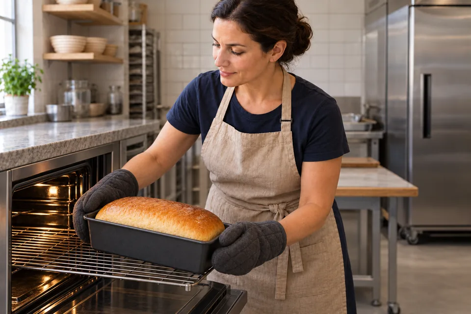 Cook uses two oven mitts to support one golden baked loaf in its tin.