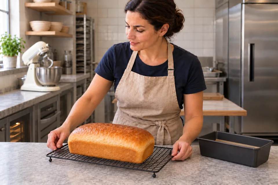 Cook beside one cooled golden salmon brioche loaf on a black rack.