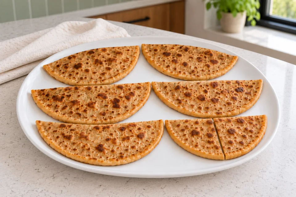 Five whole half-moon parathas and the two quarters of the first test bread on a plate.