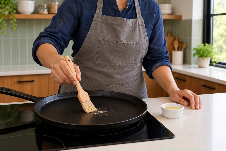 An empty heavy skillet being prepared beside a small cooking-oil ramekin.