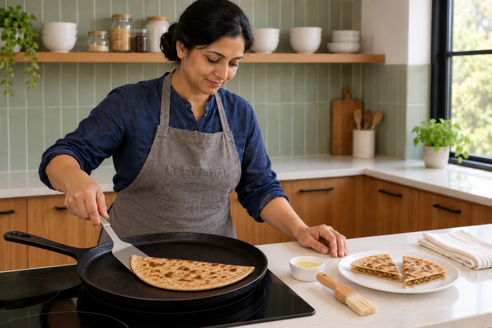 Cook turning a half-moon paratha, with the first quartered test piece beside the pan.