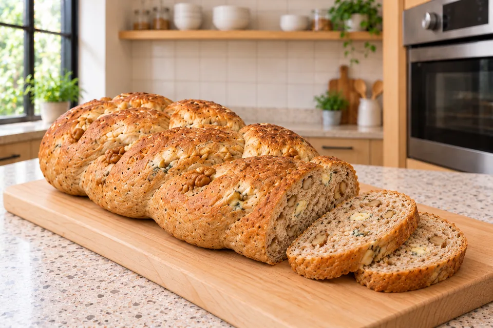 Two slices beside the shortened braid show its cheese-and-walnut crumb.