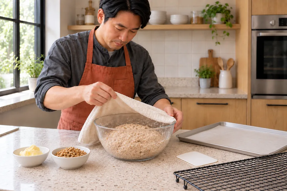 The cook uncovers a rough wholemeal dough beside softened butter.