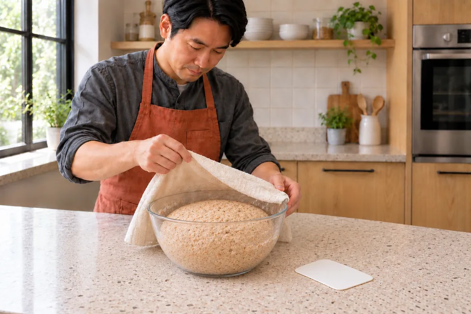 Risen wholemeal dough has expanded in its bowl.