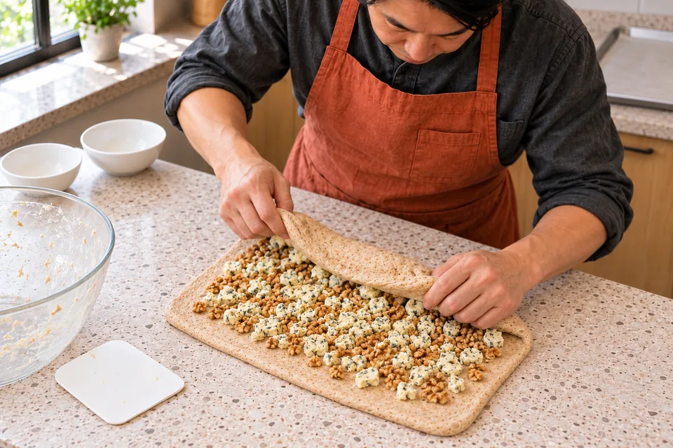 Hands fold small Stilton and walnut pieces through the developed dough.