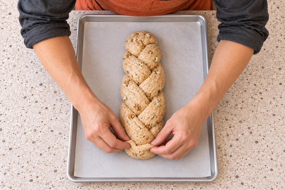 Three strands form one even cheese-and-walnut braid.