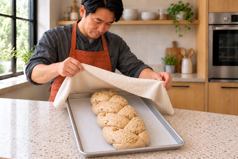 The wholemeal braid has expanded before baking.