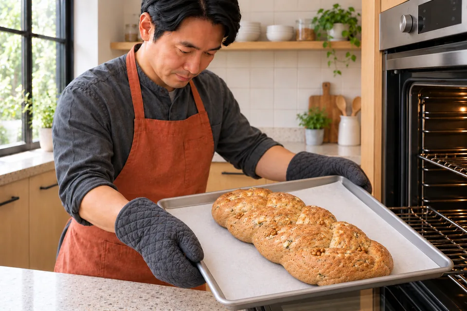 The cook supports a tray holding one browned wholemeal braid.