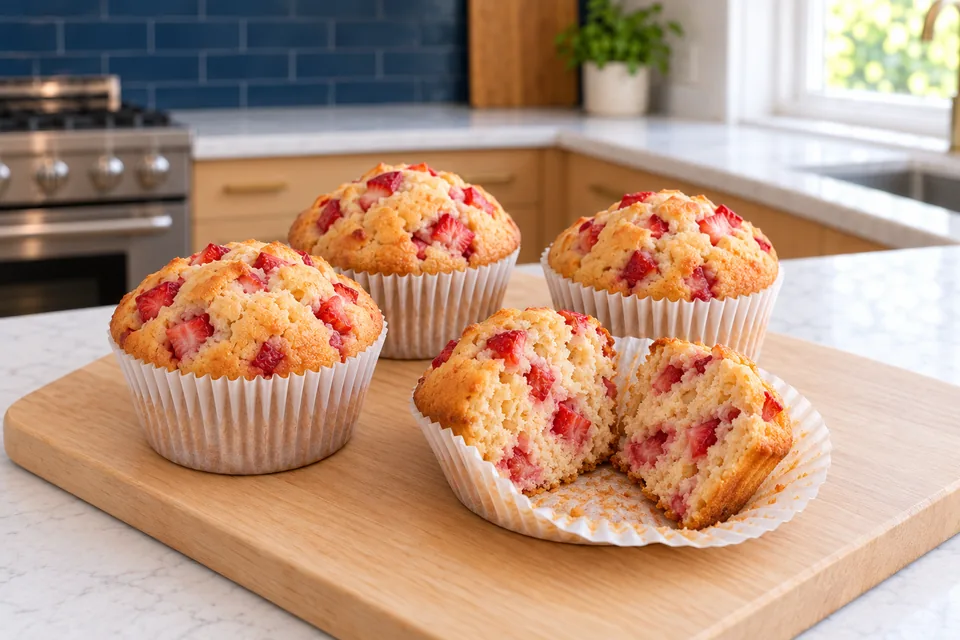Three whole strawberry muffins and two halves of a fourth show the fruit-filled crumb.