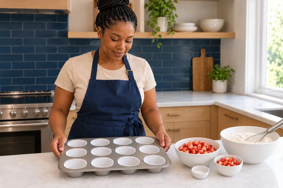 Cook beside twelve lined deep muffin wells, diced strawberries and dry ingredients.