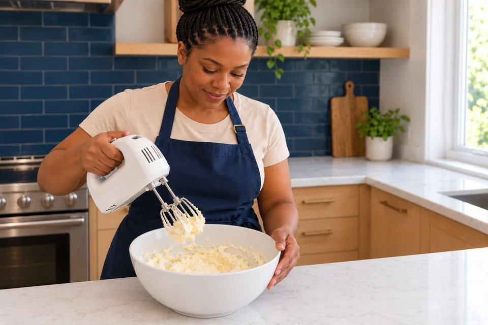 Cook holds a stopped white hand mixer over pale creamed butter and sugar.