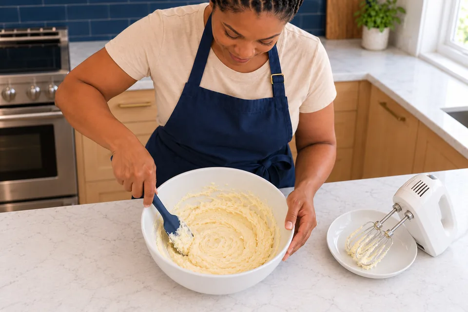 Cook scrapes pale egg-enriched creamed mixture with a navy spatula.