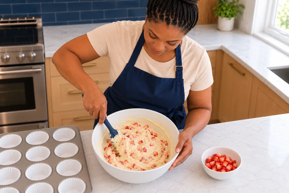 Cook gently folds diced strawberries into thick muffin batter beside the reserved topping fruit.