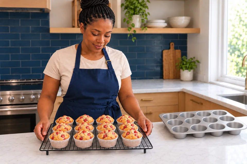 Twelve golden strawberry muffins in white liners cool on a black wire rack.