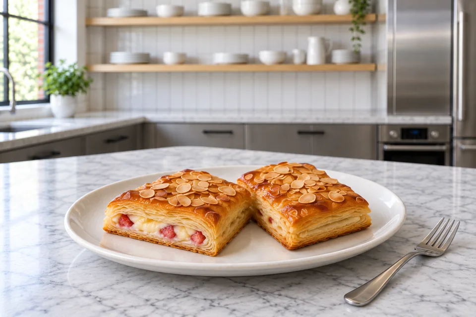 Two almond-topped Danish fingers show crisp layers and set strawberry-custard filling.